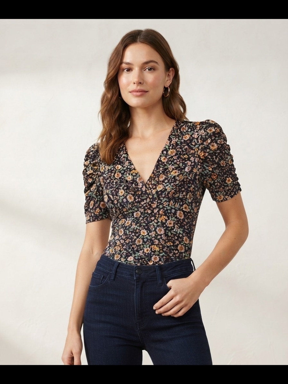 CeCe Black Floral V-Neck Puff Sleeve Top